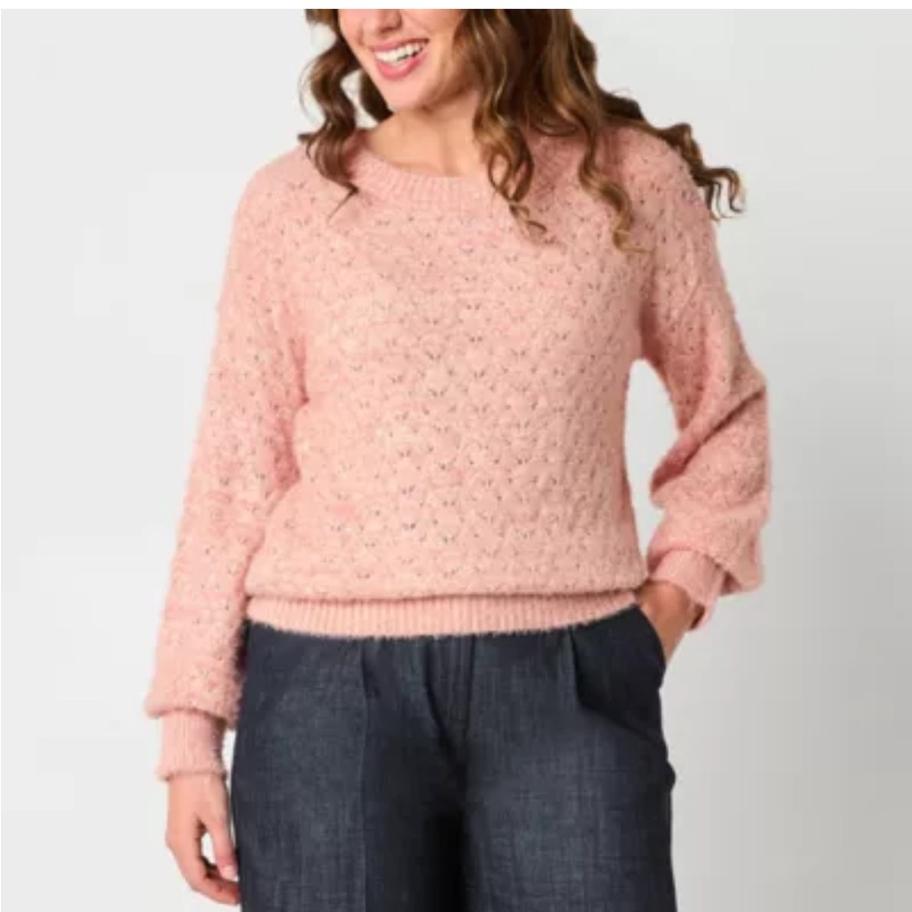 Liz Claiborne Soft Pink Crew Neck Sweater with Gold Specks.